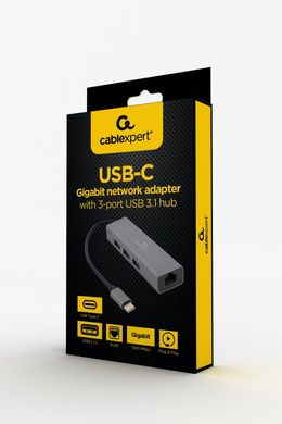 Адаптер Cablexpert с Type-C на Gigabit Ethernet, 3 Ports USB 3.1 Gen1 (5 Gbps), 1000 Mbps, металл, серый A-CMU3-LAN-01