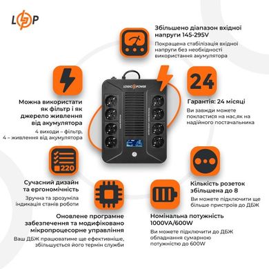 1000VA ДБЖ LogicPower LP-UL1000VA-8PS,Line-Interactive, AVR, 8 x евро, пластик LP16162