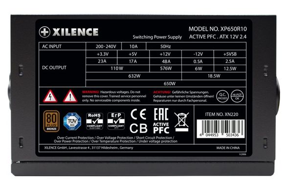 650W Блок живлення для ПК Xilence XP650R10 80+ Gaming BRONZE, 140mm Hydro Bearing Fan XP650R10 (XN220)