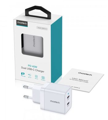 Мережевий зарядний пристрій Choetech Q5006 2 USB-C, 40Вт, PD/QC/PPS Q5006-EU-WH
