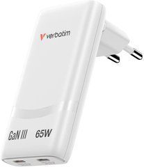 Мережевий зарядний пристрій Verbatim 2-портовий Fold 'n' Go GaN USB 65 Вт 2 x USB-C (білий) 32355