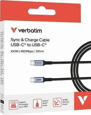 Type-C-Type-C Кабель Verbatim USB Type-C to USB Type-C живлення та синхронізації 1.2m 100W Black (31846)