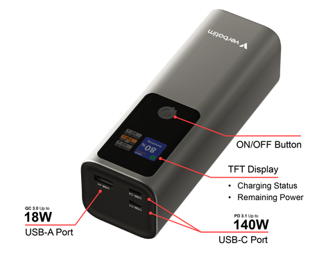 Зовнішній акумулятор (Power Bank) Verbatim 32269 Charge 'n' Go 140W,27000 mAh (для ноутбуку,планшету смартфону)