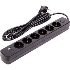 Мережевий фільтр PowerPlant YS-N6086/3c 3м, 3x0.75мм2, 6 розеток, 1xUSB, 2xType-C, 100% мідь Black EX610662
