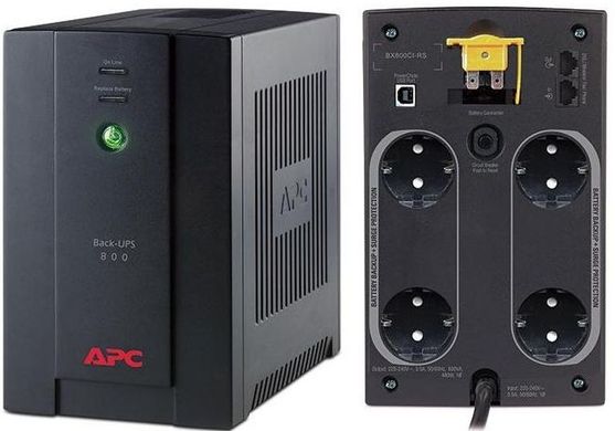 800VA APC Back-UPS 800VA (тип Line-Interactive;800ВА /480 Вт;4 розетки Schuko c батарейным питанием;USB:вес:9 кг) BX800CI-RS