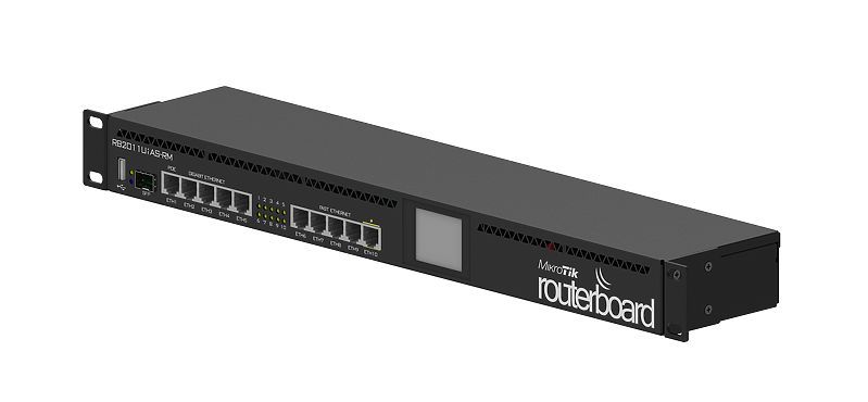 Mikrotik RB2011UiAS-RM Проводной маршрутизатор 1xSFP cage, 5xGLAN, 5xLAN, PoE in/1*out, CPU 600Mhz, 128MB RAM, micro USB port, LCD panel, RouterOS L5, 1U rackmount case RB2011UiAS-RM