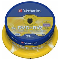 DVD+RW Диск Verbatim SERL 4.7GB 4X MATT SILVER SURFACE (Шпиндель-25шт) 43489