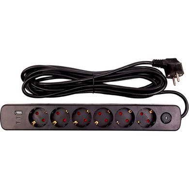 Мережевий фільтр PowerPlant YS-N6086/7c 7м, 3x0.75мм2, 6 розеток, 1xUSB, 2xType-C,100% мідь EX610686