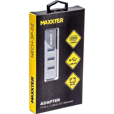 Адаптер Maxxter с Type-C на Gigabit Ethernet, 3 Ports USB 3.0, 1000 Mbps, металл, темно-серый NECH-3P-02