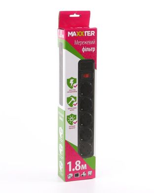 Мережевий фільтр Maxxter SPM5-G-6B чорний, 1.8 м кабель, 5 розеток SPM5-G-6B