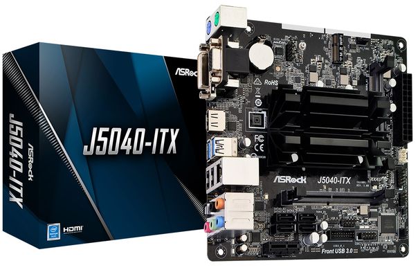 Материнская плата ASRock J5040-ITX Pentium J5040 4core/2DDR4/HDMI/DVI/VGA/4SATA3 USB3.1 Mini-ITX