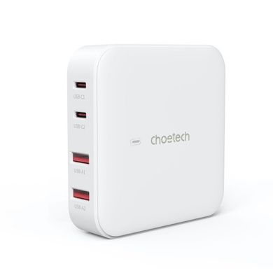 Мережевий зарядний пристрій Choetech PD8008 GaN, 2 USB-A/2 USB-C, 100Вт, QC3.0/PD/PPS PD8008-EU-WH