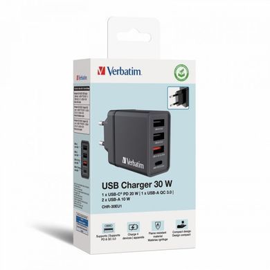 Мережевий зарядний пристрій Verbatim 4-портовий USB 30 Вт PD 3.0 і QC 3.0 (чорний) 49700