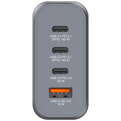 Мережевий зарядний пристрій Verbatim GaN 140 Вт,4 порта (2xUSB-C-140 Вт,USB-C 20 Вт /USB-A -3.0) 32203