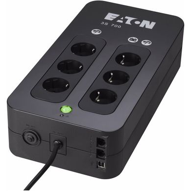 700VA ИБП Eaton 3S 700VA (тип Off line;700ВА /420 Вт,4 розетки IEC c батарейным питанием питанием+ 4розетки с защитой от всплесков:вес:3,8кг) 3S700DIN 9400-5358