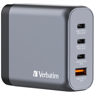 Мережевий зарядний пристрій Verbatim GaN 140 Вт,4 порта (2xUSB-C-140 Вт,USB-C 20 Вт /USB-A -3.0) 32203