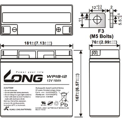 12V 18AH Акумуляторна батарея Kung Long WP18-12