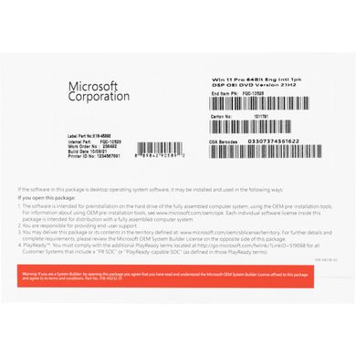 Програмне забезпечення Microsoft Windows 11 Pro 64Bit Eng Intl 1pk DSP OEI DVD FQC-10528