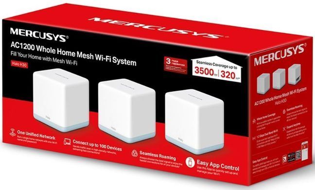 Домашня Mesh Wi-Fi система Mercusys Halo H30 (3-pack) AC1200, 2xFE LAN/WAN